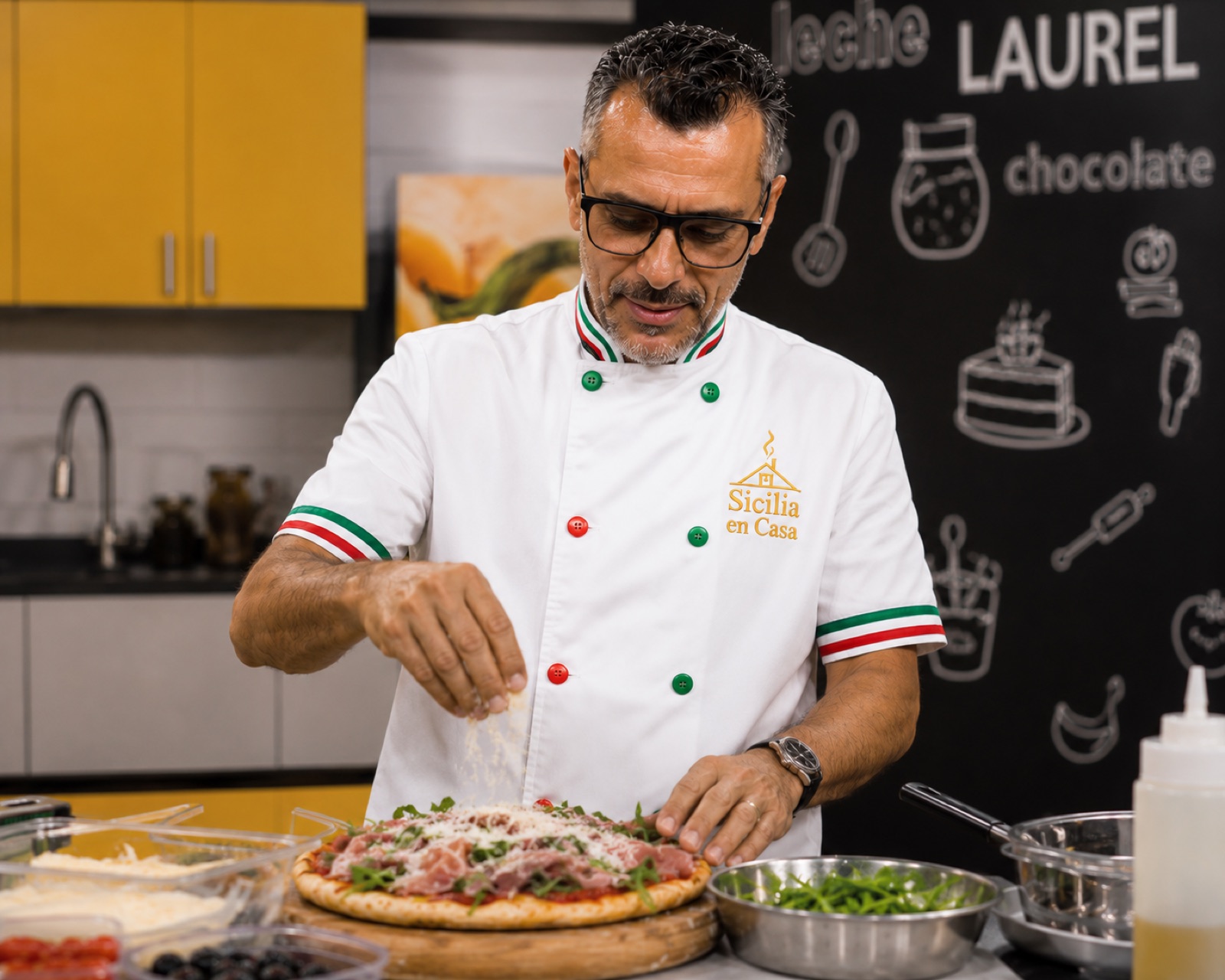 Emiliano, chef de Sicilia en Casa, preparando una pizza en Medellín