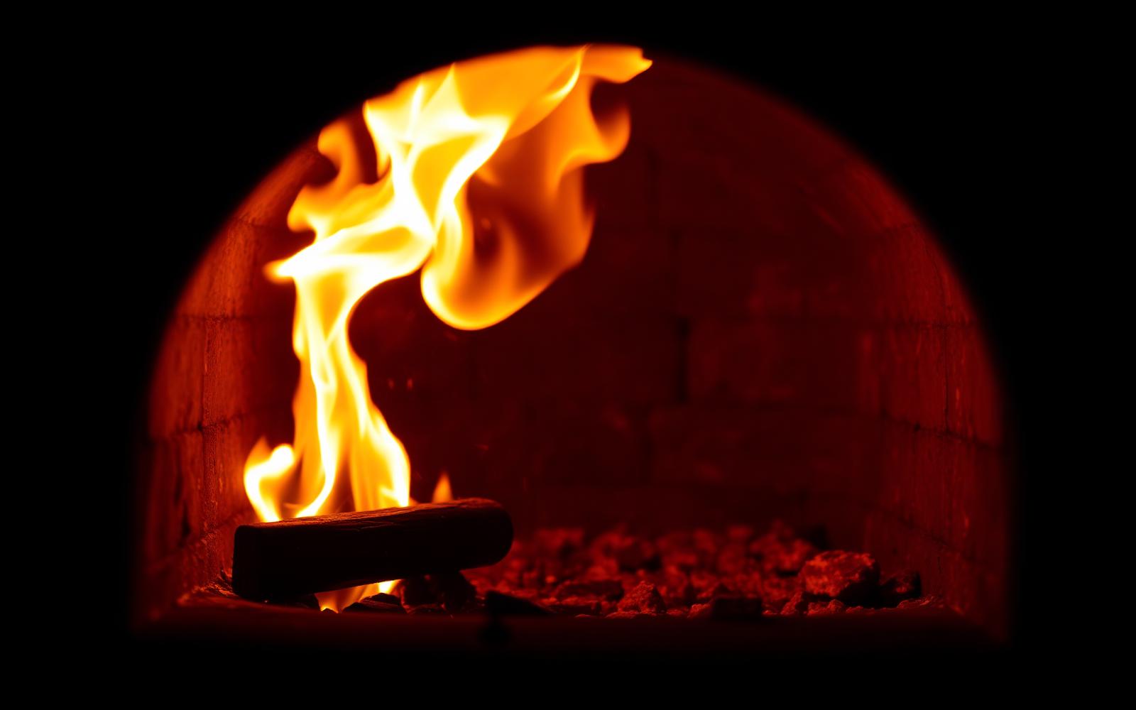 Brasas y llama viva dentro de un horno portátil de alta temperatura para pizza