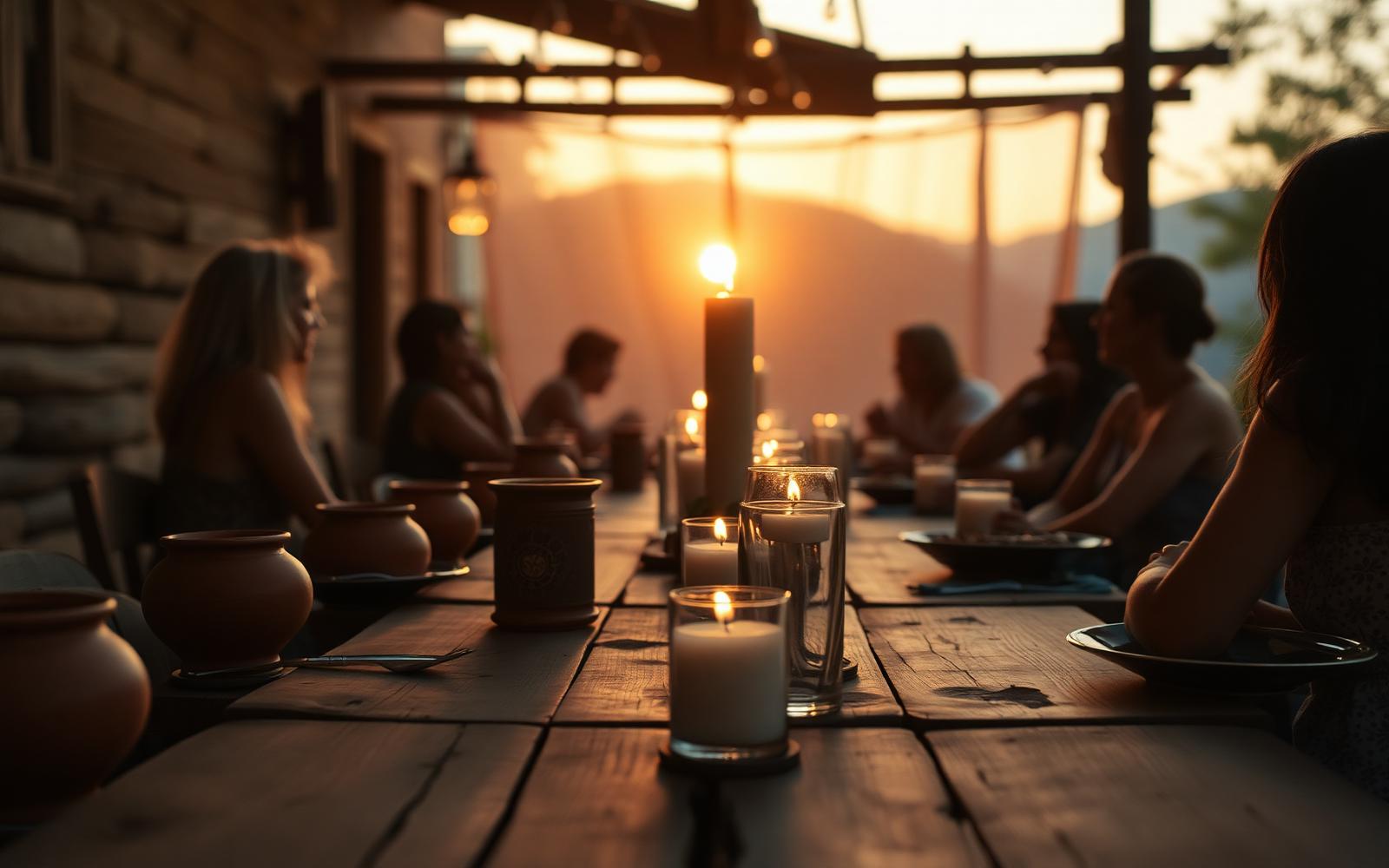 Mesa con velas al atardecer para una cena siciliana privada en Medellín